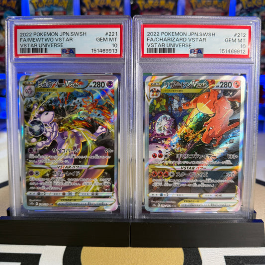 Mewtwo VSTAR + Charizard VSTAR SAR – VSTAR Universe – PSA 10 – Certs 151469913 & 151469912