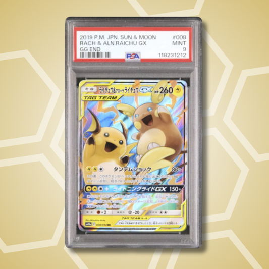 2019 Pokemon Japanese Raichu & Alolan Raichu GX RR GG End SM10a #008 PSA 9